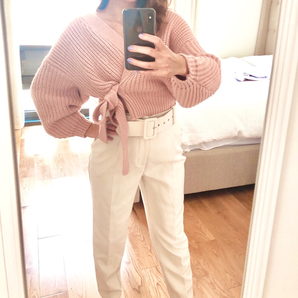 NWOT Zara High Waisted Belted Cream White Pants - Picture 9 of 11